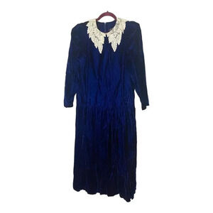 Vintage Allen Solly Blue Velvet Midi Dress Lace Collar